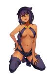 1girl :d black_hair boots braid breasts commentary_request dark-skinned_female dark_skin fangs hair_between_eyes hair_flaps halterneck hand_on_hip hand_on_own_thigh head_tilt jahy jahy-sama_wa_kujikenai! kneeling konbu_wakame long_hair looking_at_viewer medium_breasts navel o-ring o-ring_top official_art open_mouth short_shorts shorts simple_background smile solo thigh-highs thigh_boots very_long_hair white_background yellow_eyes 