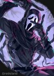  1boy akagi_(redsiland) arms_up artist_name belt black_gloves black_hoodie blood blood_on_clothes blood_on_knife dead_by_daylight double_v ghostface gloves highres holding holding_knife hood hoodie knife mask scream_(movie) the_legion_(dead_by_daylight) v weapon 