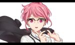 1girl aya_shachou bang_dream! black-framed_eyewear black_neckwear finger_to_own_chin glasses highres holding holding_clothes holding_jacket jacket jacket_over_shoulder letterboxed looking_at_viewer maruyama_aya necktie parted_lips pink_hair shirt short_hair simple_background solo upper_body white_background white_shirt 