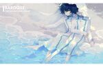  2boys absurdres bangs barefoot baroque beach black_eyes black_hair closed_eyes coat eyebrows_behind_hair eyebrows_visible_through_hair hair_between_eyes highres mop_(shirokumaiceumaiyo) multiple_boys ocean original reaching_out short_hair sitting smile sunlight veil 