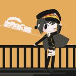  1girl adjusting_clothes adjusting_headwear arm_up black_hair blush chibi closed_mouth cobalta ground_vehicle hair_ornament hairclip hat long_sleeves looking_at_viewer one_eye_closed rail_romanesque short_hair solo train 