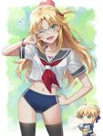 2girls artoria_pendragon_(fate) bangs blonde_hair blue_buruma blush breasts buruma commentary_request fang fate/apocrypha fate/stay_night fate_(series) glasses green_eyes head_bump highres injury long_hair looking_at_viewer mordred_(fate) mordred_(fate/apocrypha) multiple_girls navel neckerchief one_eye_closed open_mouth parted_bangs saber sailor_collar school_uniform serafuku shirt sidelocks small_breasts smile spit_take spitting thighs tonee translated white_shirt 