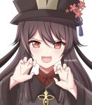  1girl :d artist_name bangs black_hair chinese_clothes claw_pose close-up commentary english_commentary eyebrows_visible_through_hair flower genshin_impact hair_between_eyes hat hat_flower hat_ornament highres hu_tao_(genshin_impact) long_hair long_sleeves looking_at_viewer open_mouth perkiik05 red_eyes sidelocks simple_background smile solo twintails watermark white_background 
