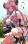  1girl absurdres animal_ears black_footwear black_gloves black_horns boots braid breasts commentary_request draph gloves granblue_fantasy hair_over_one_eye highres horns large_breasts leg_garter long_hair looking_at_viewer narmaya_(granblue_fantasy) oh_(aung_ae) pink_hair pointy_ears pork single_thighhigh solo squatting thigh-highs 