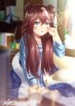  1girl animal_ears aqua_shirt arm_up bangs blue_eyes blurry blurry_background blurry_foreground blush book brown_hair bubble commentary_request dated ears_down hair_between_eyes highres horse_ears horse_girl indoors lamp light_brown_hair long_hair long_sleeves looking_at_viewer loungewear parted_lips shirt signature sleeve_cuffs solo tokai_teio_(umamusume) umamusume upper_body user_ugkk4452 waking_up 