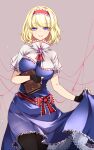  1girl absurdres alice_margatroid ascot blonde_hair blue_dress blue_eyes capelet dress frilled_ascot frills hairband highres lolita_hairband puffy_short_sleeves puffy_sleeves raptor7 red_hairband red_neckwear short_hair short_sleeves solo touhou 