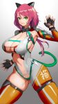  1girl animal_ears breasts commission commissioner_upload facial_tattoo gloves green_eyes highres hiragana_oufu leotard linmei_quan looking original redhead scar scar_across_eye scar_on_face science_fiction skeb_commission solo tail tattoo thigh_strap 