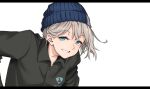  1girl aya_shachou beanie black_shirt blue_eyes collared_shirt commentary copyright_request grey_hair grin hat leaning_forward letterboxed looking_at_viewer shirt short_hair simple_background smile solo upper_body white_background wing_collar 