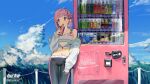  1girl black_pants bottle can chain-link_fence clouds coca-cola dohyo123123 drink drinking fence field grass hair_ornament hairband highres jacket jacket_over_shoulder korean_text midriff navel original pants pink_eyes pink_hair short_braid signature sky soda soda_can vending_machine yoga_pants 