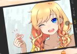  1girl :d ;d artist_name bangs blonde_hair blue_eyes blush braid collarbone commentary_request eyebrows_visible_through_hair finger_heart heart highres idolmaster idolmaster_cinderella_girls long_hair looking_at_viewer notice_lines ohtsuki_yui one_eye_closed open_mouth orange_nails selfie smile solo teeth translation_request upper_body upper_teeth yurippe_(filledelis) 