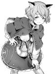  1girl animal_ear_fluff animal_ears aya_shachou blush capelet character_request check_copyright closed_mouth copyright_request covered_nipples granblue_fantasy greyscale hand_on_hip leaning_forward long_sleeves looking_at_viewer monochrome pantyhose simple_background skirt smile solo white_background 