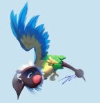  absurdres beak bird chatot closed_mouth commentary grey_background highres likey no_humans pokemon pokemon_(creature) signature solo talons violet_eyes 