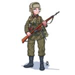  1girl absurdres ammunition_belt black_footwear blonde_hair blue_eyes bolt_action boots braid braided_ponytail finnish_army full_body fur_hat green_pants green_shirt gun hat highres holding holding_gun holding_weapon long_hair long_sleeves military military_hat military_uniform mosin-nagant original ostwindprojekt pants rifle shadow shirt simple_background solo uniform ushanka weapon white_background 