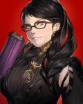  armpit_cutout bayonetta bayonetta_(series) bayonetta_3 braid clothing_cutout glasses gun hair_behind_ear hair_ribbon hanny_(uirusu_chan) highres jewelry light_smile lipstick looking_at_viewer makeup mole portrait red_background ribbon twin_braids weapon 