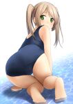  1girl all_fours ass bare_arms bare_legs bare_shoulders barefoot blue_swimsuit closed_mouth commentary_request from_behind green_eyes highres light_brown_hair looking_at_viewer looking_back old_school_swimsuit one-piece_swimsuit original school_swimsuit shallow_water shibacha smile solo swimsuit twintails water wet 