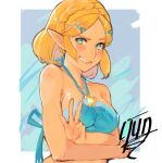  1girl artist_name bare_shoulders blonde_hair blue_background blue_swimsuit blush border braid breasts collarbone commentary crossed_arms english_commentary green_eyes looking_at_viewer medium_breasts parted_lips pointy_ears princess_zelda raised_eyebrow short_hair smirk solo sweatdrop swimsuit teeth the_legend_of_zelda the_legend_of_zelda:_breath_of_the_wild upper_body v white_border yun_fuyu 