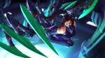  axe bangs black_bodysuit bodysuit breasts brown_hair elbow_gloves extra_legs floating_hair gio_tengco gloves hanabi_(mobile_legends) head_tilt highres holding holding_axe looking_at_viewer mask mecha_musume mechanical_legs medium_breasts mobile_legends:_bang_bang mouth_mask parted_bangs pink_eyes ponytail science_fiction 