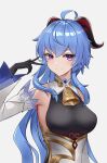  1girl ahoge bangs bare_shoulders bell black_gloves blue_hair breasts detached_sleeves eyebrows_visible_through_hair ganyu_(genshin_impact) genshin_impact gloves gold_trim highres horns large_breasts lcx123 long_hair looking_at_viewer neck_bell sidelocks v violet_eyes white_sleeves 