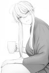  1girl artoria_pendragon_(fate) artoria_pendragon_(lancer)_(fate) bangs cup fate/grand_order fate_(series) greyscale hair_between_eyes heart highres holding holding_cup lvl_(sentrythe2310) monochrome mug sidelocks smile solo swept_bangs upper_body 