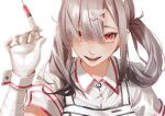  1girl clip_studio_paint_(medium) gloves hair_ornament hair_over_one_eye hairclip highres looking_at_viewer mole mole_under_eye nijisanji parted_lips red_eyes silver_hair smile solo sukoya_kana syringe teeth twintails unknown0791 white_background 