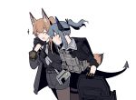  +++ 2girls :3 :d animal_ear_fluff animal_ears arknights arm_around_shoulder black_gloves black_legwear black_shirt black_shorts blush brown_hair closed_eyes cowboy_shot dragon_girl dragon_horns dragon_tail fox_ears fox_girl fox_tail franka_(arknights) gloves grey_hair grey_neckwear highres holding horns legwear_under_shorts lelioz liskarm_(arknights) liskarm_(overload)_(arknights) long_hair multiple_girls necktie official_alternate_costume open_mouth orange_eyes pantyhose ponytail profile shirt shorts sidelocks simple_background smile sweatdrop tactical_clothes tail vest walking white_background 