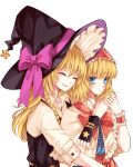  2girls alice_margatroid bangs black_headwear blonde_hair blue_eyes bow closed_mouth dress eyebrows_visible_through_hair hair_between_eyes hairband hat hat_bow highres hug hug_from_behind kirisame_marisa long_hair looking_at_another multiple_girls open_mouth purple_bow red_hairband short_hair simple_background smile star_(symbol) touhou white_background witch_hat yuki15775 yuri 