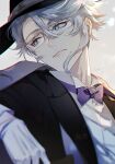  1boy artist_name azul_ashengrotto bangs black_jacket blue_eyes bow bowtie closed_mouth coat coat_on_shoulders formal glasses gloves hat hat_ribbon jacket looking_away male_focus mole mole_under_mouth purple_neckwear ribbon shinsuke_(moccori) shirt short_hair silver_hair solo twisted_wonderland upper_body white_background white_gloves white_shirt 