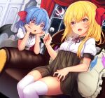  2girls :d alternate_costume bangs bat_wings blonde_hair blue_hair blush bow breasts bright_pupils commentary_request crescent_moon crystal curtains dutch_angle eyebrows_visible_through_hair fang feet_out_of_frame flandre_scarlet floral_print hair_between_eyes hair_bow hands_on_own_cheeks hands_on_own_face head_rest head_tilt holding holding_stick indoors long_hair looking_at_viewer medium_hair mimikaki moon multiple_girls night night_sky open_mouth pillow puffy_short_sleeves puffy_sleeves red_bow red_eyes red_neckwear red_ribbon remilia_scarlet ribbon rimu_(kingyo_origin) short_sleeves sitting skin_fang sky small_breasts smile stick thigh-highs thighs touhou white_legwear window wing_collar wings 