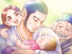  1boy 3girls ainu ainu_clothes beard black_hair blush buzz_cut character_request child closed_mouth facial_hair father_and_daughter golden_kamuy head_on_another&#039;s_shoulder lips long_sideburns male_focus mature_male multiple_girls nopinzo old old_woman scar scar_on_cheek scar_on_face short_hair sideburns smile tanigaki_genjirou thick_eyebrows upper_body very_short_hair 