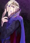  1boy bangs blonde_hair bridal_gauntlets closed_mouth collared_shirt crown eyeshadow hair_between_eyes hair_over_one_eye hands_up highres long_hair looking_at_viewer makeup male_focus nail_polish one_eye_covered purple_nails purple_robe robe sacha87 shirt solo tied_hair twisted_wonderland upper_body vil_schoenheit violet_eyes 