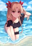  1girl beach bikini black_bikini blonde_hair blue_sky blush clouds commentary_request day earrings ereshkigal_(fate) fate/grand_order fate_(series) hair_ribbon highres jewelry kneeling long_hair looking_at_viewer ocean outdoors red_eyes red_ribbon ribbon side-tie_bikini sky solo swimsuit thigh_strap two_side_up wavy_mouth zhu_li 