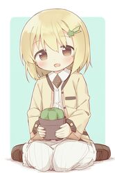  1girl :d ayanepuna bangs blonde_hair blush brown_eyes brown_footwear brown_jacket collared_shirt commentary_request dress_shirt eyebrows_visible_through_hair green_background hair_between_eyes hair_ornament highres holding jacket looking_at_viewer mole mole_under_eye open_clothes open_jacket open_mouth original plant potted_plant shadow shirt shoes sitting skirt smile solo star_(symbol) star_hair_ornament two-tone_background wariza white_background white_shirt white_skirt 