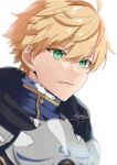  1boy ahoge armor arthur_pendragon_(fate) bangs blonde_hair breastplate closed_mouth commentary_request eyebrows_visible_through_hair fate/grand_order fate/prototype fate_(series) green_eyes hair_between_eyes highres hood hood_down knight looking_away male_focus short_hair solo tsukky twitter_username upper_body white_background 
