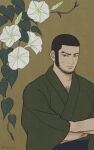  1boy alternate_costume arm_hair beard black_hair buzz_cut chest_hair facial_hair flower flower_request golden_kamuy green_kimono highres japanese_clothes kimono light_smile long_sideburns looking_at_viewer male_focus mature_male nopinzo scar scar_on_cheek scar_on_face short_hair sideburns solo tanigaki_genjirou thick_eyebrows upper_body very_short_hair white_flower 