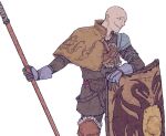  1boy armor bald dark_souls_(series) dark_souls_i fur_trim gloves holding holding_weapon patches_the_hyena polearm shield smile spear weapon 