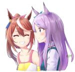  2girls ^_^ absurdres animal_ears blush brown_hair closed_eyes closed_mouth ear_ribbon facing_another grin highres horse_ears horse_girl horse_tail jtleeklm looking_at_another mejiro_mcqueen_(umamusume) multiple_girls open_mouth purple_hair smile tail tokai_teio_(umamusume) umamusume 