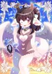  1girl ;d ahoge animal_ears bangs bare_arms bare_shoulders bell black_hair blurry blurry_background bow breasts brown_eyes choker cleavage_cutout clothing_cutout commission depth_of_field eyebrows_visible_through_hair fang feathered_wings furry grey_leotard hair_between_eyes hair_bow heart_cutout horn_ornament horns jingle_bell kou_hiyoyo leotard long_hair medium_breasts neck_bell one_eye_closed open_mouth original pink_choker ponytail skeb_commission smile solo tail white_bow white_wings wings 