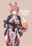  1girl animal_ears bangs black_gloves black_jacket black_legwear black_panties blue_eyes brown_background brown_hair closed_mouth clothing_cutout commentary_request cowboy_shot english_text fox_ears fox_girl fox_tail frown garter_straps gloves gun half_gloves highres holding holding_gun holding_weapon jacket japanese_clothes leotard long_sleeves looking_at_viewer navel navel_cutout open_clothes open_jacket original panties sawaya_(mizukazu) short_hair side-tie_panties simple_background solo standing string_panties tail thighs tied_hair underwear weapon weapon_request white_leotard 