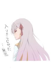  1girl blush commentary_request earrings fate/grand_order fate_(series) hair_ribbon jewelry kama_(fate) light_purple_hair long_hair matcha7611 multiple_views purple_ribbon red_eyes ribbon school_uniform shirt simple_background sweater_vest translation_request uniform vest white_background white_shirt yellow_vest 