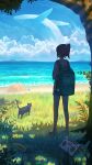 1girl absurdres backpack bag blue_sky cat clouds flying_whale grass highres ocean original pasoputi scenery sky summer surreal whale 