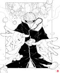  1boy ear_piercing earrings facing_viewer hands headband looking_at_viewer male monochrome naruto necklace ninja nose_piercing open_hand open_hands pain pain_(naruto) pinup solo solo_focus spiked_hair trench_coat 