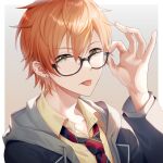  1boy bangs earrings glasses hood hooded_jacket hoodie jacket jewelry looking_at_viewer male_focus multicolored_hair multiple_boys necktie offtoon12 orange_hair project_sekai shinonome_akito shirt short_hair simple_background tongue tongue_out two-tone_hair 