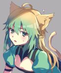  1girl ahoge animal_ears atalanta_(fate) bangs braid breasts cat_ears cat_tail fate/apocrypha fate_(series) food french_braid gradient_hair green_eyes green_hair hair_between_eyes long_hair looking_at_viewer multicolored_hair open_mouth puffy_short_sleeves puffy_sleeves short_sleeves small_breasts solo tail two-tone_hair vivi_(eve_no_hakoniwa) 