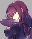  1girl bangs bodysuit breasts fate/grand_order fate_(series) hair_between_eyes large_breasts long_hair looking_at_viewer purple_bodysuit purple_hair red_eyes scathach_(fate) scathach_(fate)_(all) solo vivi_(eve_no_hakoniwa) 