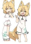  1girl animal_ears barefoot blonde_hair blush commentary_request covered_navel eyebrows_visible_through_hair fox_ears fox_girl fox_shadow_puppet fox_tail full_body green_ribbon highres kudamaki_tsukasa ooyama_bokuchi open_mouth ribbon romper short_hair simple_background tail touhou white_background yellow_eyes 