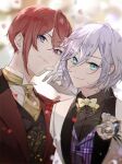  2boys artist_name bangs blue_eyes bow bowtie closed_mouth epel_felmier flower formal gloves hair_between_eyes hand_up jacket looking_at_viewer male_focus multiple_boys necktie ornate_clothes red_flower red_rose redhead riddle_rosehearts rose shinsuke_(moccori) short_hair silver_hair smile twisted_wonderland upper_body violet_eyes white_flower white_gloves white_rose 