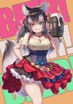  animal_ears asymmetrical_clothes bare_legs beer_mug black_dress black_hair blue_bow blue_corset blue_eyes blush bow bowtie commentary_request cowboy_shot cup dirndl dress eyebrows_visible_through_hair fangs flower flower_ornament frilled_dress frills german_clothes grey_hair grey_wolf_(kemono_friends) hair_flower hair_ornament heterochromia highres japari_symbol jewelry kemono_friends kemono_friends_3 kosai_takayuki long_hair mug multicolored multicolored_clothes multicolored_dress multicolored_hair necklace official_alternate_costume puffy_short_sleeves puffy_sleeves red_dress shirt short_sleeves smile tail white_dress white_hair white_shirt wolf_ears wolf_girl wolf_tail yellow_eyes 