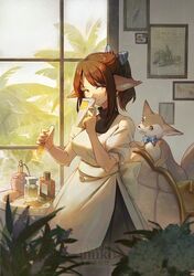  1girl animal animal_ears arknights artist_name blue_bow bottle bow brown_hair chinese_commentary commentary_request dress envelope eyebrows_visible_through_hair fennec_fox fox_ears hair_bow highres holding long_hair looking_at_viewer obi perfume_bottle perfumer_(arknights) picture_frame plant ponytail sash sidelocks smile solo striped striped_bow vial white_dress white_sash window yellow_eyes zhaitengjingcang 