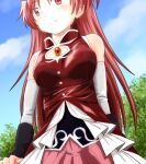  1girl bare_shoulders blue_sky blush clouds cloudy_sky commentary_request detached_sleeves dress eyebrows_visible_through_hair from_below knives_(knives777) light_smile long_hair mahou_shoujo_madoka_magica outdoors pink_skirt pleated_skirt red_dress red_eyes redhead sakura_kyouko skirt sky sleeveless sleeveless_dress solo very_long_hair white_skirt 