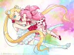 2girls bishoujo_senshi_sailor_moon blonde_hair blue_eyes blue_legwear boots bow chibi_usa double_bun dress earrings flower frilled_dress frills full_body gloves hair_flower hair_ornament hug jewelry knee_boots long_hair looking_at_viewer multiple_girls nightcat one_eye_closed open_mouth pink_eyes pink_footwear red_bow red_gloves red_shirt shirt smile teeth thigh-highs tsukino_usagi twintails 